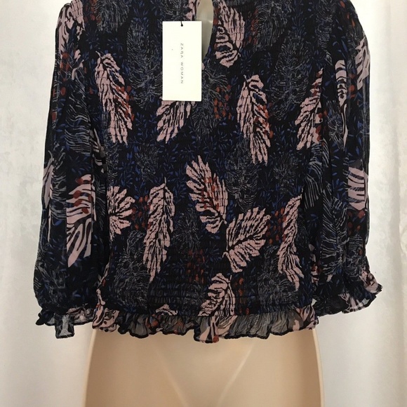 Zara Feather Print Sheer Shirred Blouse Crop Top - Picture 6 of 8